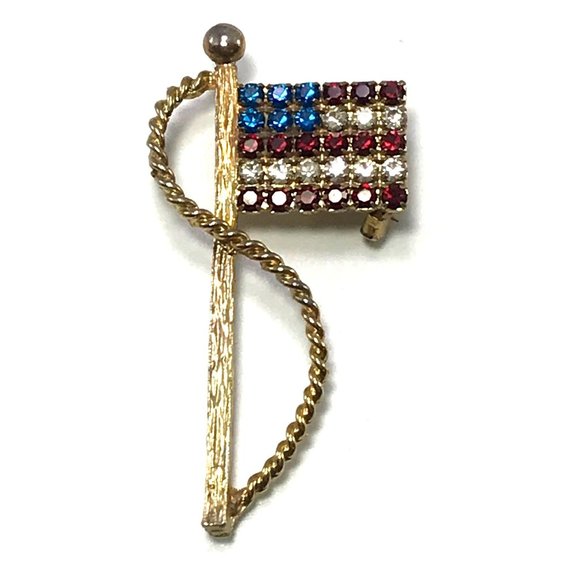 Unbranded Jewelry - Vintage Patriotic American Flag Brooch Pin Red White & Blue Rhinestones Gold Ton